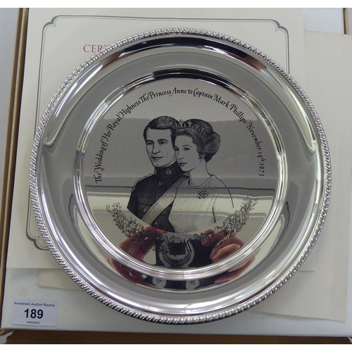 189 - A Royal commemorative silver coloured metal plate, celebrating the Wedding of HRH The Princess Ann t... 