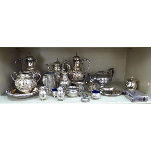 195 - Silver plate and other metalware: to include a five piece tea/coffee set; and assorted condiments se... 