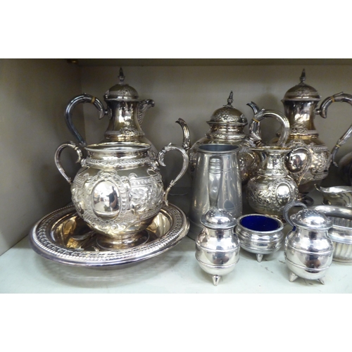 195 - Silver plate and other metalware: to include a five piece tea/coffee set; and assorted condiments se... 