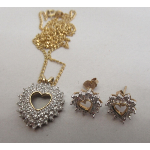 200 - A 9ct gold diamond heart shaped pendant; and a pair of matching earrings