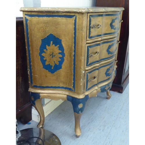 227 - A modern Italianate, painted and gilded chest of three drawers, raised on cabriole legs  29