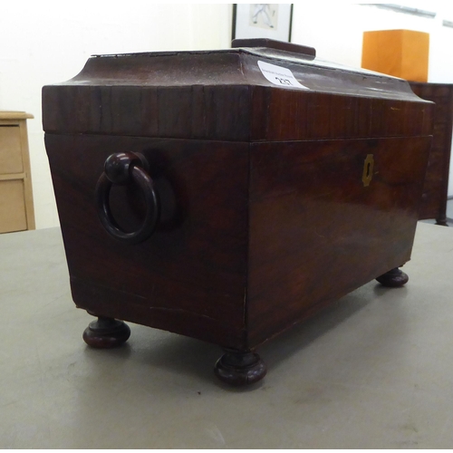 237 - A 19thC rosewood tea casket of sarcophagus form with opposing ring handles, the hinged lid enclosing... 