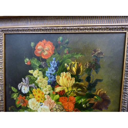 251 - 20thC Continental School - a still life study, mixed flowers, in a vase, on a ledge  oil on can... 