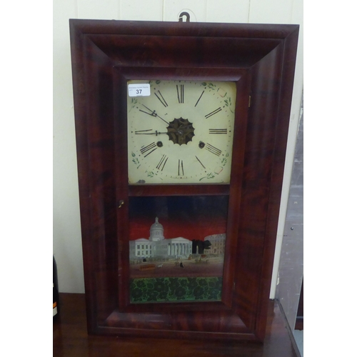 37 - A late Victorian American mahogany veneered cased wall clock; the 30hr movement faced by a painted R... 