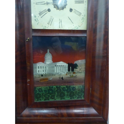 37 - A late Victorian American mahogany veneered cased wall clock; the 30hr movement faced by a painted R... 