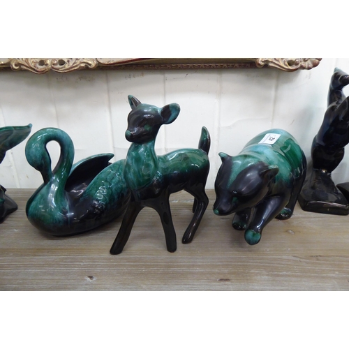 42 - Ten BMP and similar Canadian streaky glazed pottery animal ornaments: to include a swan  6