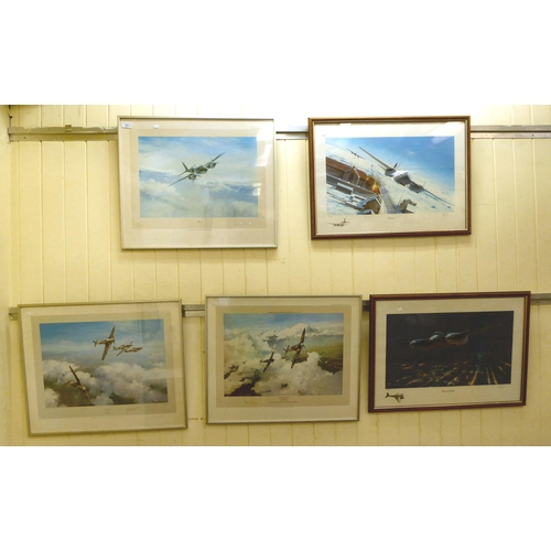 51 - Five aviation themed coloured prints, some bearing pencil signatures  mixed sizes  all framed