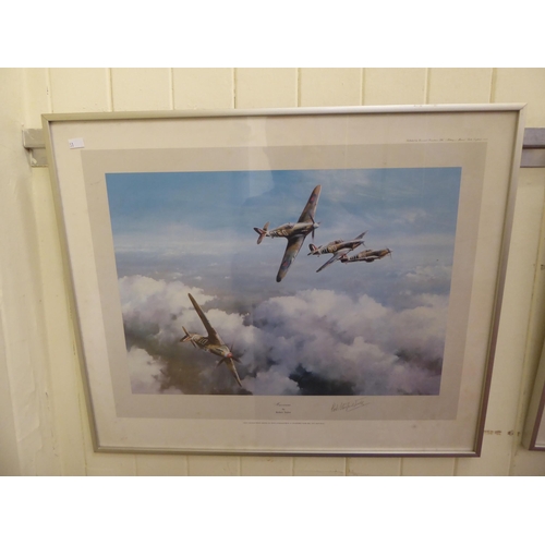 51 - Five aviation themed coloured prints, some bearing pencil signatures  mixed sizes  all framed