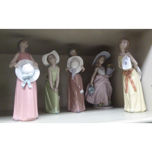 56 - Five Lladro porcelain figures: to include young women, in various poses  tallest 9