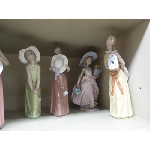 56 - Five Lladro porcelain figures: to include young women, in various poses  tallest 9