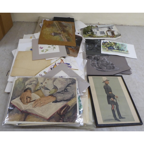 60 - An uncollated folio of finished and unfinished works, still life and portraits  mixed media&nbs... 