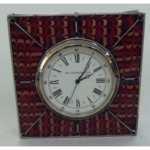 69 - A Jay Strongwater red enamelled mantel clock; faced by a white Roman dial  3