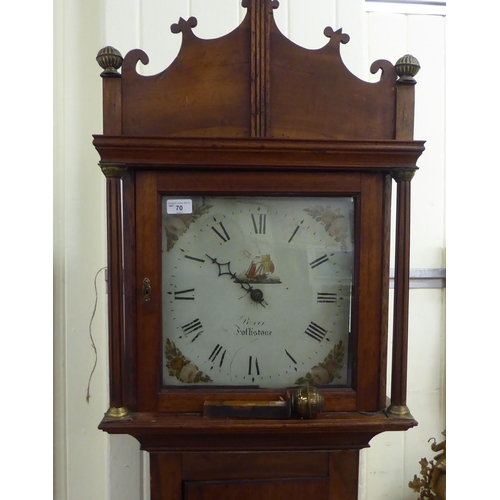 70 - An early 19thC mahogany longcase clock; the bell strike, weight driven movement faced by a painted R... 