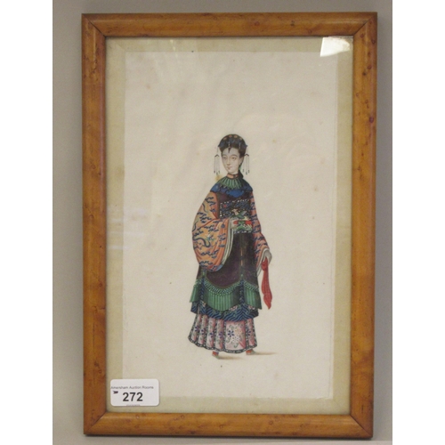 240 - Early 20thC Chinese School - a full length portrait, a woman wearing an ornate gown  watercolour on ... 
