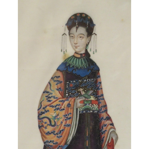240 - Early 20thC Chinese School - a full length portrait, a woman wearing an ornate gown  watercolour on ... 