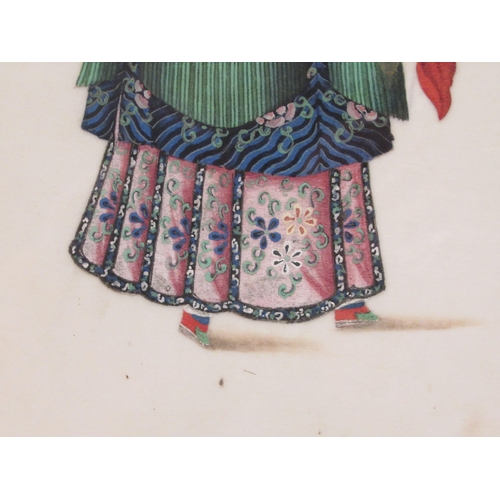 240 - Early 20thC Chinese School - a full length portrait, a woman wearing an ornate gown  watercolour on ... 