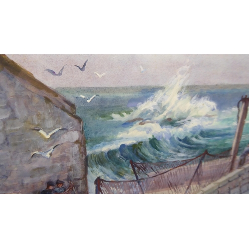 60 - Isabel Wrightson - a fishing village shoreline scene&nbsp; watercolour&nbsp; bears a signature &... 
