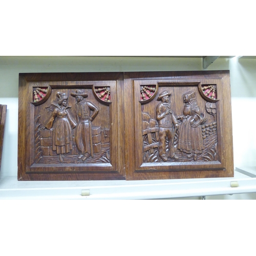 142 - Fourteen early 20thC Continental decoratively carved and turned, stained oak furniture panels: to in... 