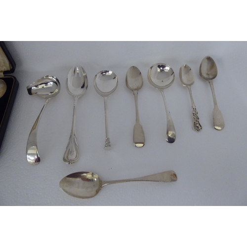 157 - A set of six Art Deco inspired silver teaspoons  cased; and miscellaneous silver flatware  mixed mar... 