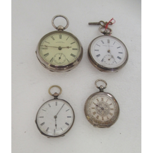 191 - Two silver cased pocket watches, faced by Roman dials and subsidiaries; and two engraved silver case... 