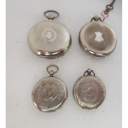 191 - Two silver cased pocket watches, faced by Roman dials and subsidiaries; and two engraved silver case... 