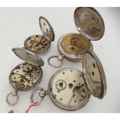 191 - Two silver cased pocket watches, faced by Roman dials and subsidiaries; and two engraved silver case... 