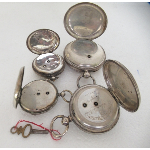 191 - Two silver cased pocket watches, faced by Roman dials and subsidiaries; and two engraved silver case... 