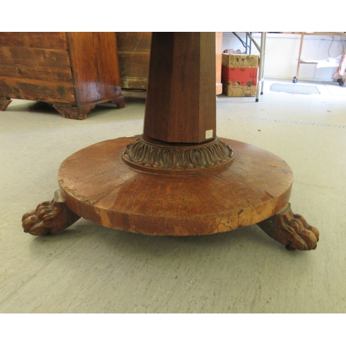 244 - A 19thC walnut tip-top table, the segmented, figured top over a tapered octagonal, bulbous pedestal,... 