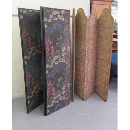 267 - Two early 20thC three fold painted wooden room screens with tapestry panels  72