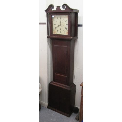 281 - A 19thC oak longcase clock with a scrolled pediment and straight trunk; the weight driven, bell stri... 