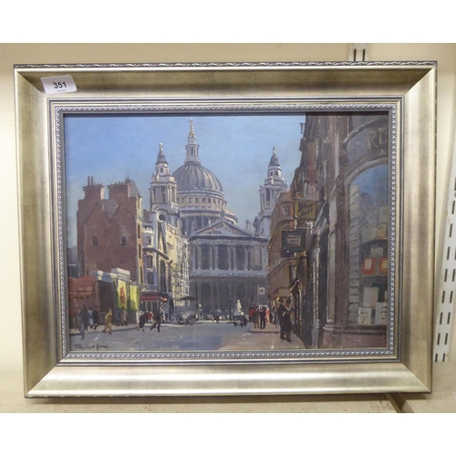 351 - Stephen Bone - a city of London street scene, St. Paul's in the centre ground  oil on board  bears a... 