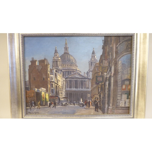 351 - Stephen Bone - a city of London street scene, St. Paul's in the centre ground  oil on board  bears a... 