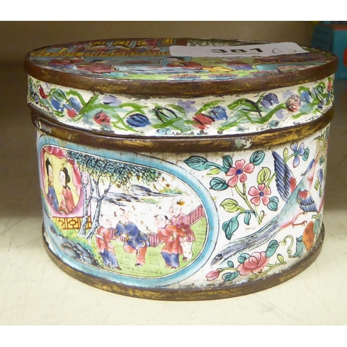 381 - A 19thC Chinese enamelled box and cover, decorated with a traditional garden scene  3