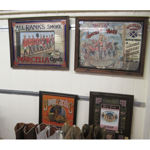 76 - Four framed modern American branded promotional mirrors  largest 23