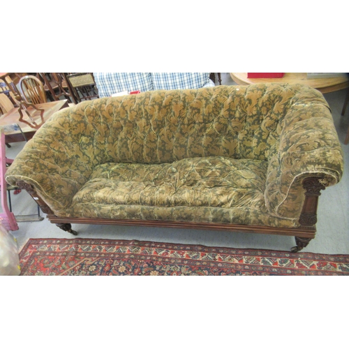 242 - A Regency rosewood framed salon settee, button upholstered in a gold floral fabric, raised on turned... 