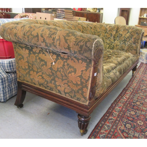 242 - A Regency rosewood framed salon settee, button upholstered in a gold floral fabric, raised on turned... 