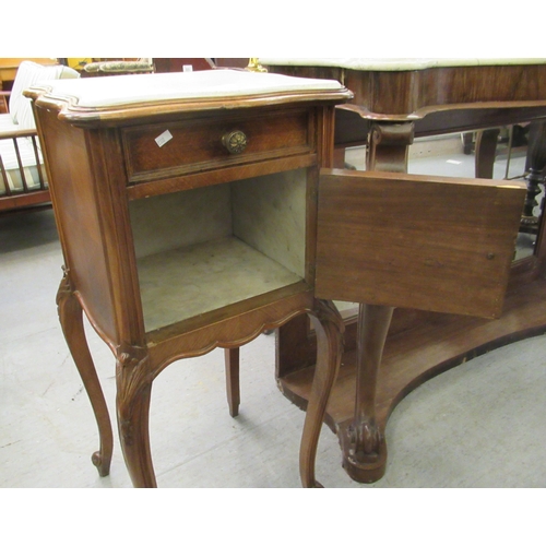 246 - A late 19thC French walnut bedside cabinet, the top with a painted panel, over a drawer and cupboard... 