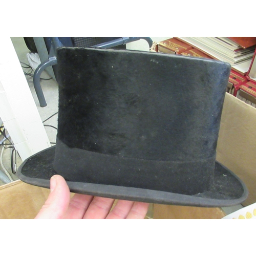 254 - Gentlemen's hats, viz. a black bowler, two black silk top hats, a red fez, a patterned and gilded tu... 