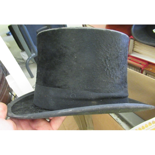 254 - Gentlemen's hats, viz. a black bowler, two black silk top hats, a red fez, a patterned and gilded tu... 