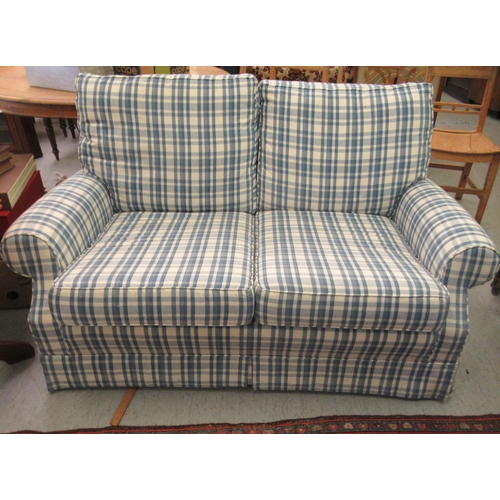 270 - A modern two person box settee, cushion upholstered in chequered blue and white  55