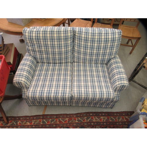 270 - A modern two person box settee, cushion upholstered in chequered blue and white  55