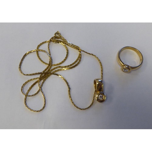 259 - A 15ct gold band ring, rubover set with a cubic zirconia; and a matching pendant, on a fine box link... 