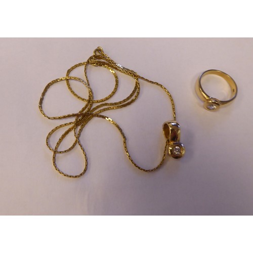 259 - A 15ct gold band ring, rubover set with a cubic zirconia; and a matching pendant, on a fine box link... 