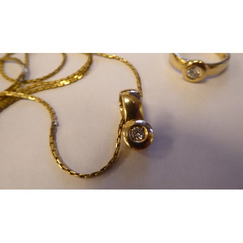 259 - A 15ct gold band ring, rubover set with a cubic zirconia; and a matching pendant, on a fine box link... 