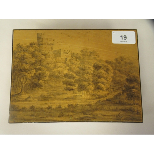 19 - A late 19thC Mauchlineware style satinwood on sycamore box, the straight sides and hinged lid featur... 