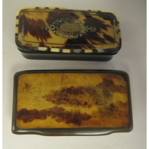 21 - Two similar late 19thC carved bone snuff boxes, one with inlaid, bi-coloured metal and mother-of-pea... 
