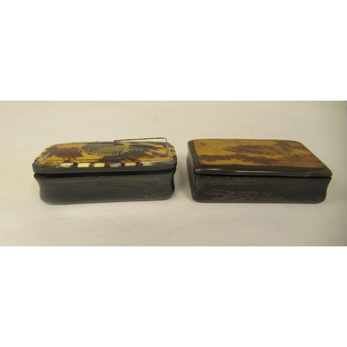 21 - Two similar late 19thC carved bone snuff boxes, one with inlaid, bi-coloured metal and mother-of-pea... 