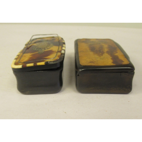 21 - Two similar late 19thC carved bone snuff boxes, one with inlaid, bi-coloured metal and mother-of-pea... 