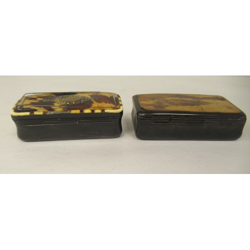 21 - Two similar late 19thC carved bone snuff boxes, one with inlaid, bi-coloured metal and mother-of-pea... 