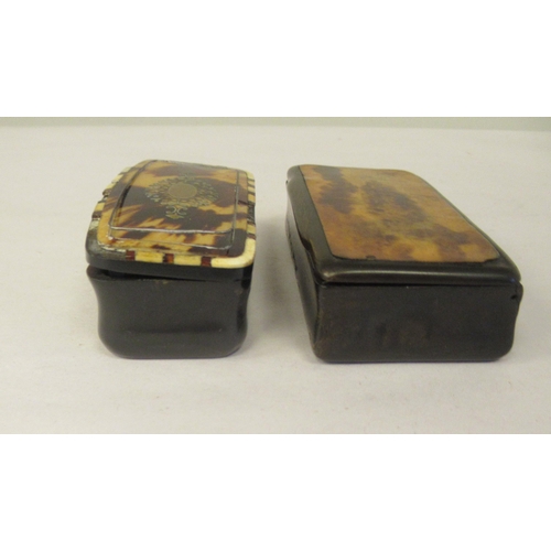 21 - Two similar late 19thC carved bone snuff boxes, one with inlaid, bi-coloured metal and mother-of-pea... 